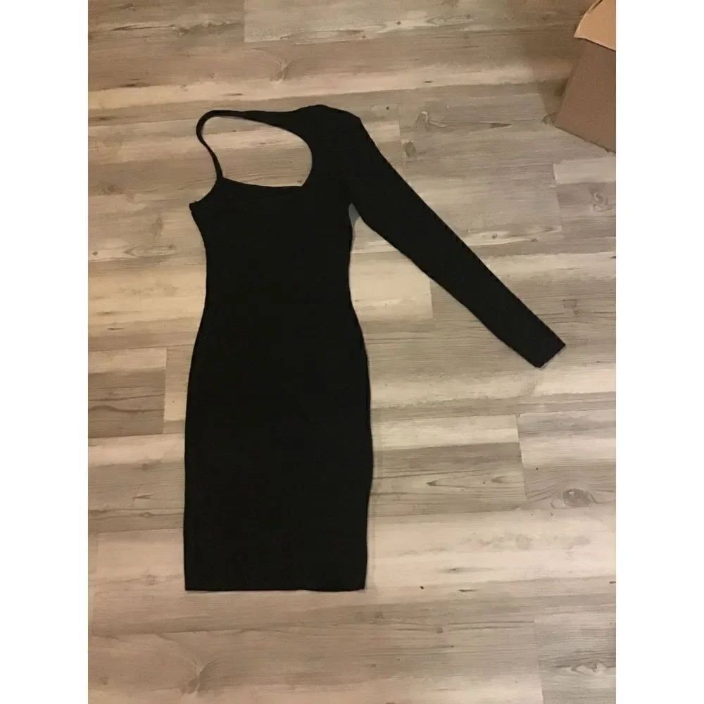 NEW~Pretty Black Ribbed Knit One Shoulder Long Sleeve Bodycon Mini Dress Sz L